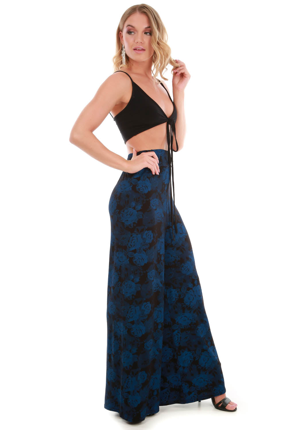 High Waist Blue Floral Wide Leg Palazzo Pants - bejealous-com