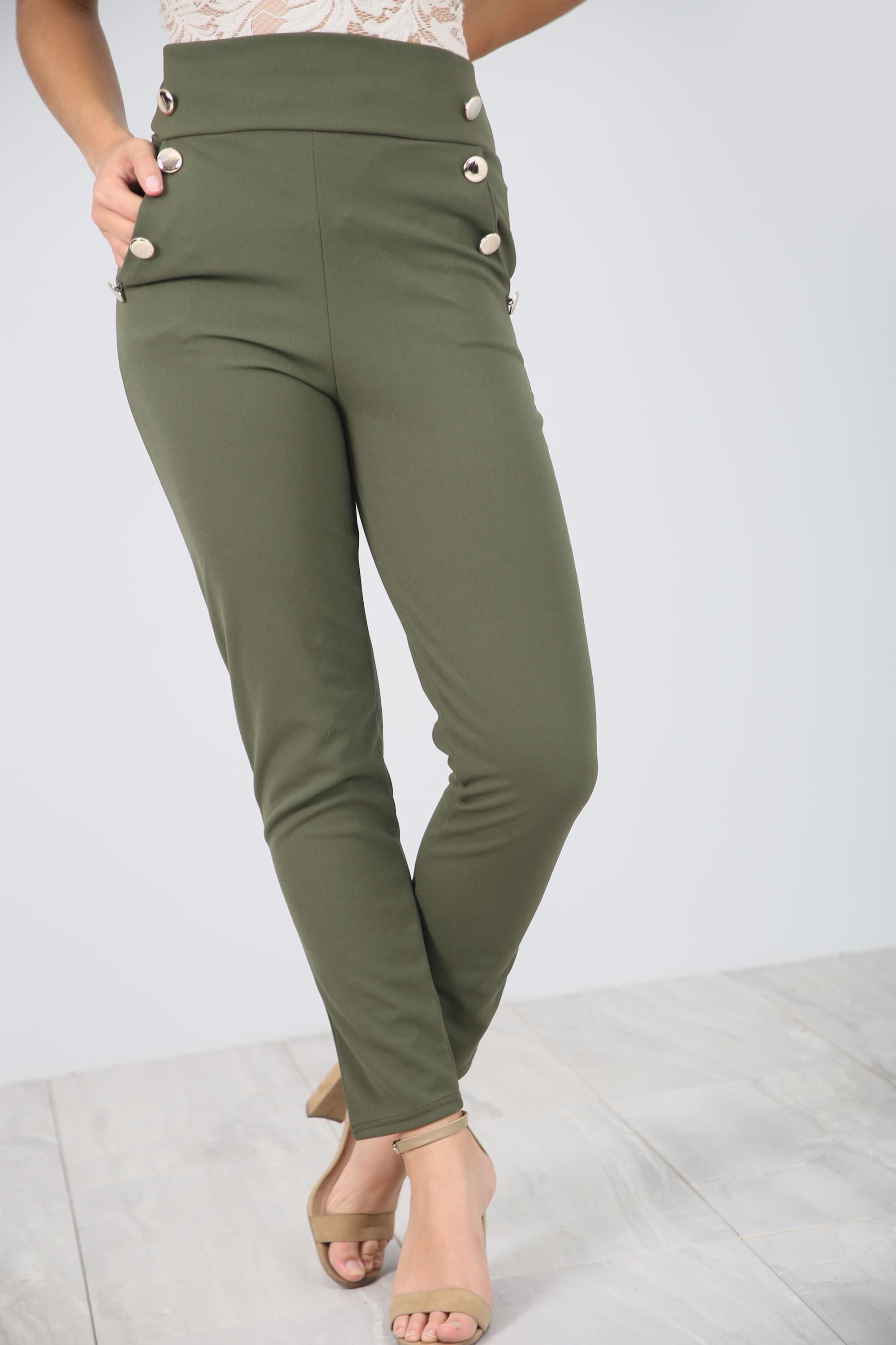 High Waisted Gold Button Navy Cigarette Trousers - bejealous-com