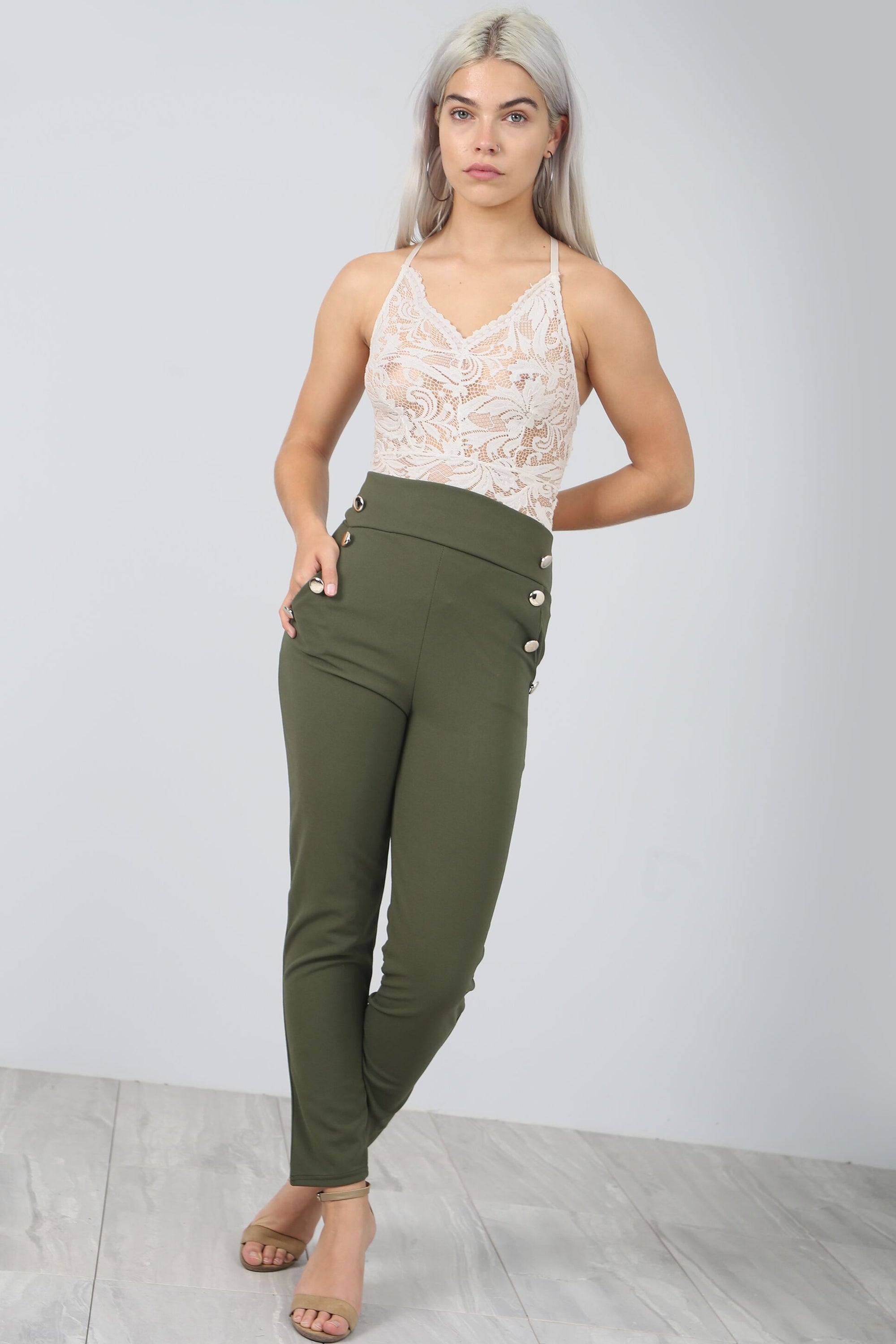 High Waisted Gold Button Navy Cigarette Trousers - bejealous-com