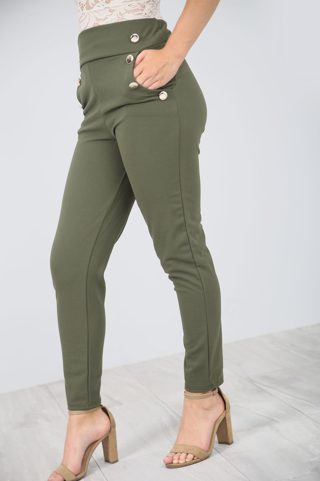 High Waisted Gold Button Navy Cigarette Trousers - bejealous-com