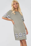 Skull Print Loose Fit Khaki Tshirt Dress - bejealous-com