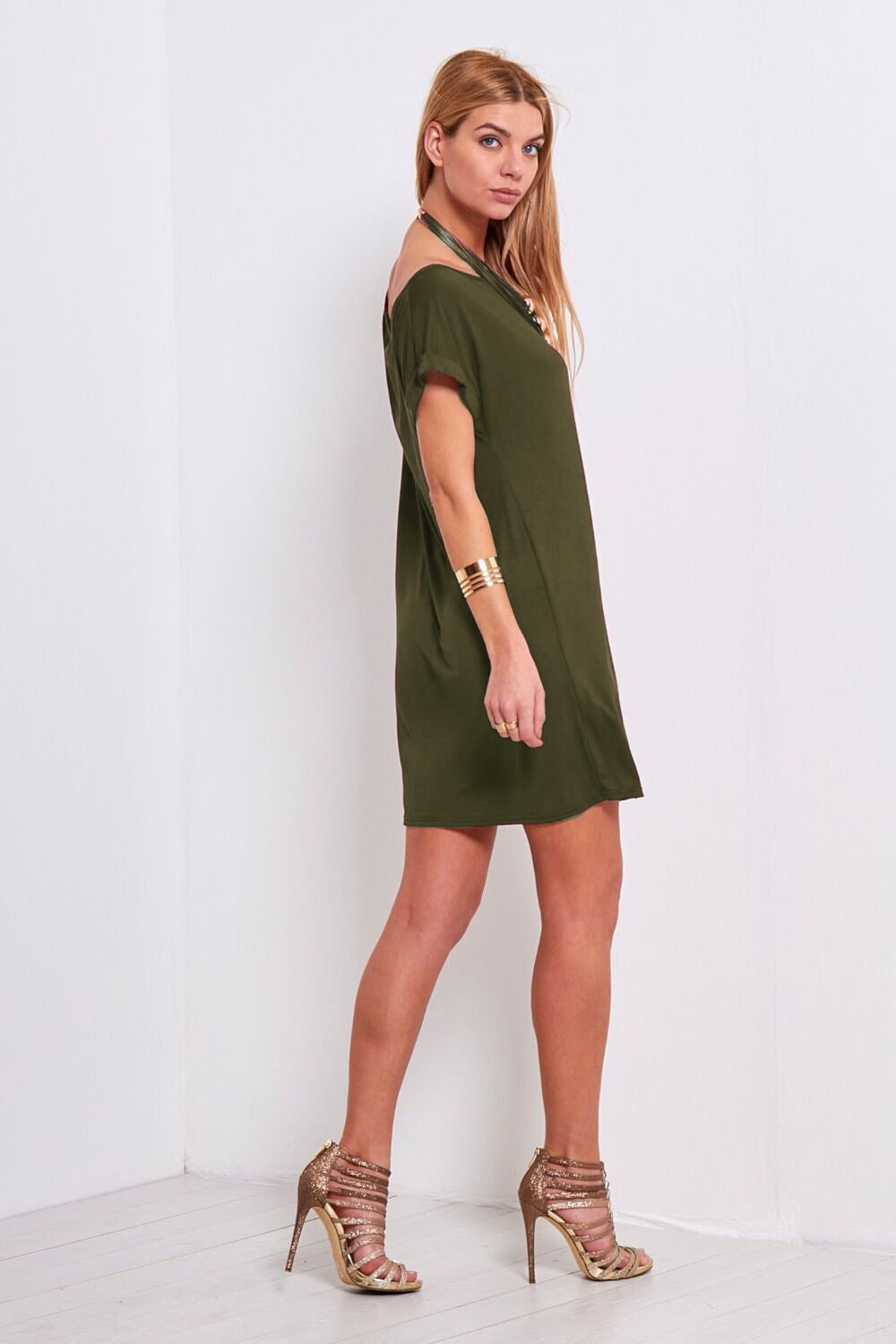 Khaki Off Shoulder Oversize Tshirt Dress - bejealous-com