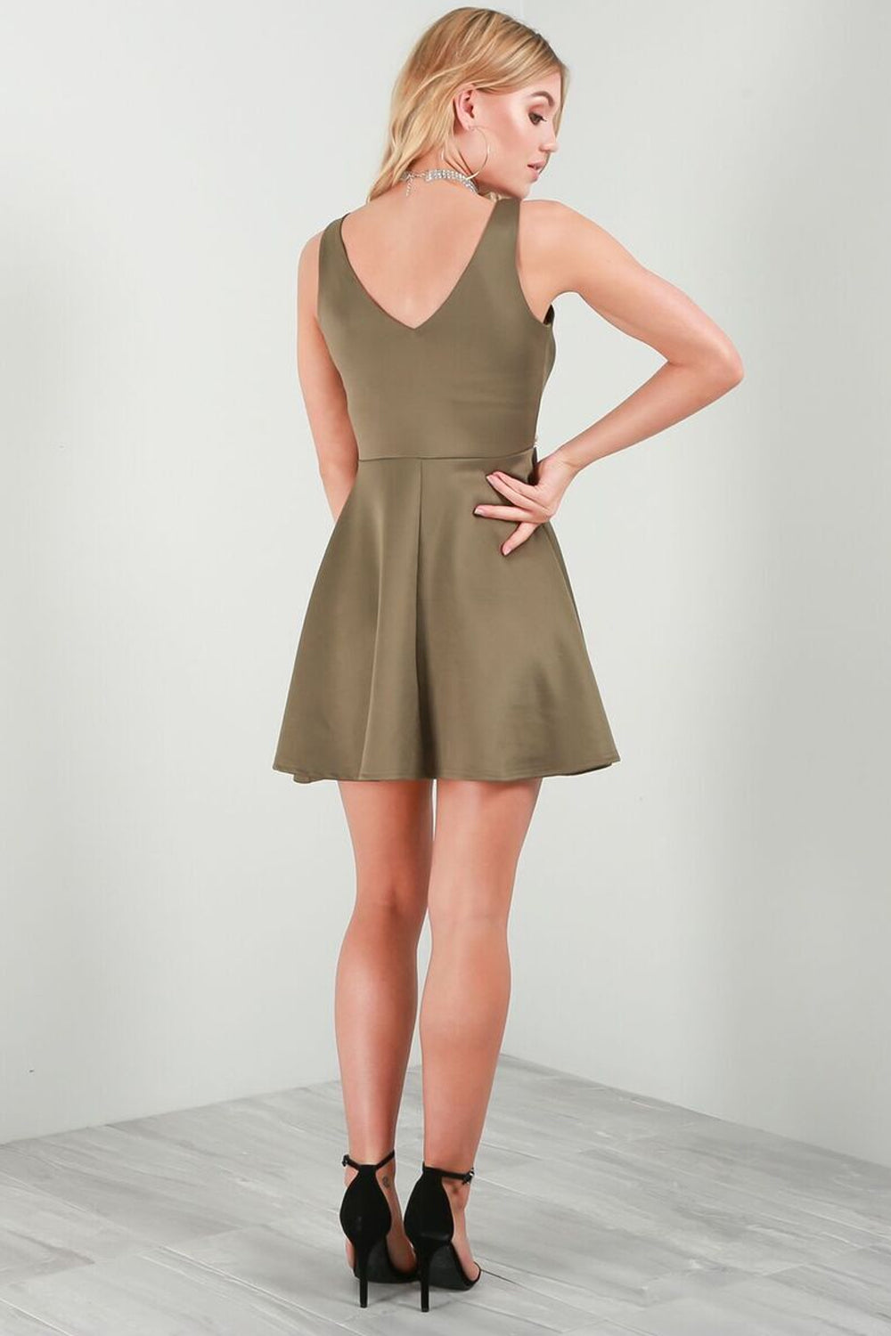 Sleeveless Diamante Waist Khaki Mini Skater Dress - bejealous-com