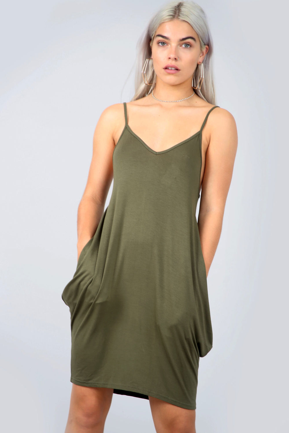 Strappy Basic Jersey Draped Khaki Mini Dress - bejealous-com