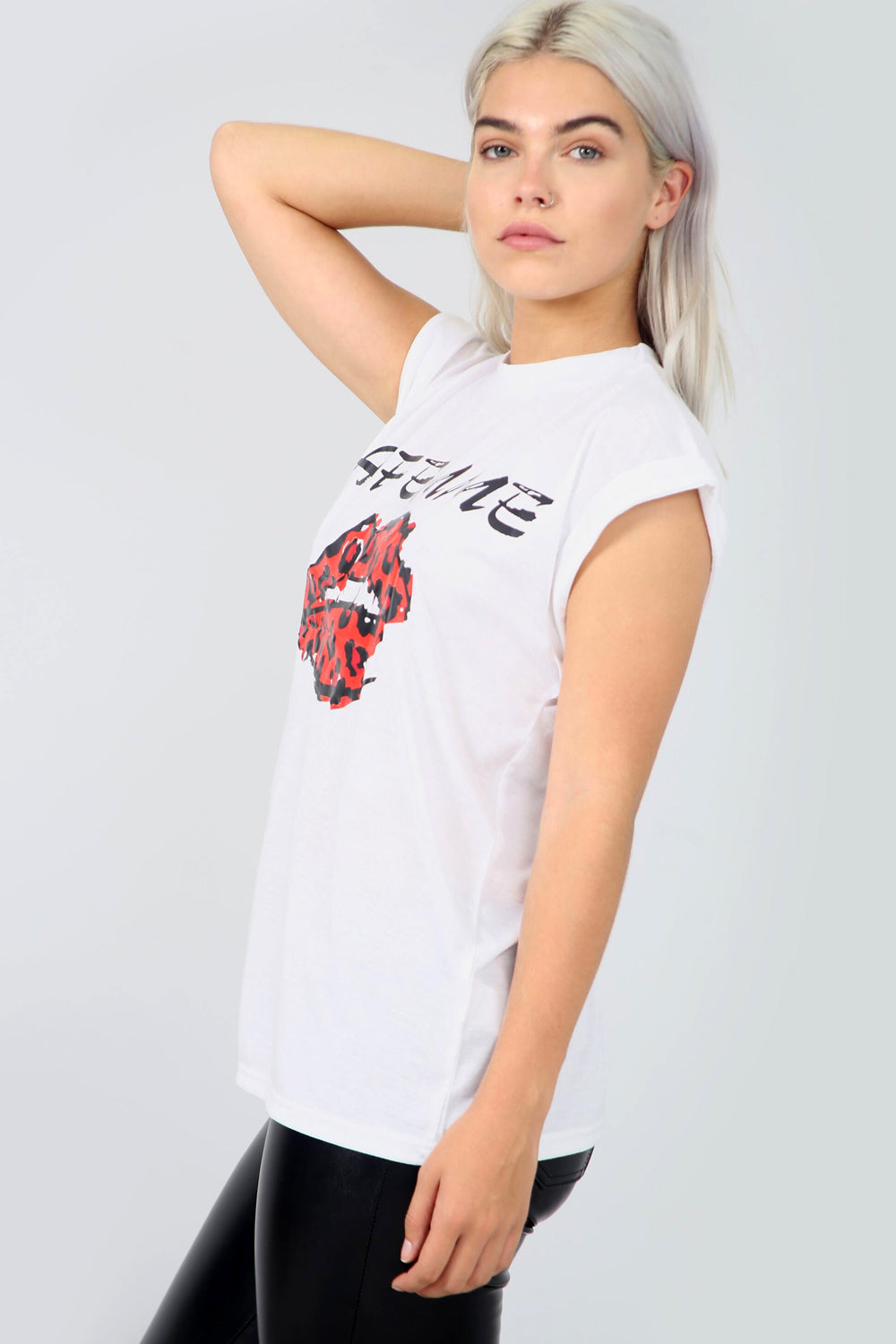 La Femme Graphic Print Roll Sleeve Basic Tshirt - bejealous-com