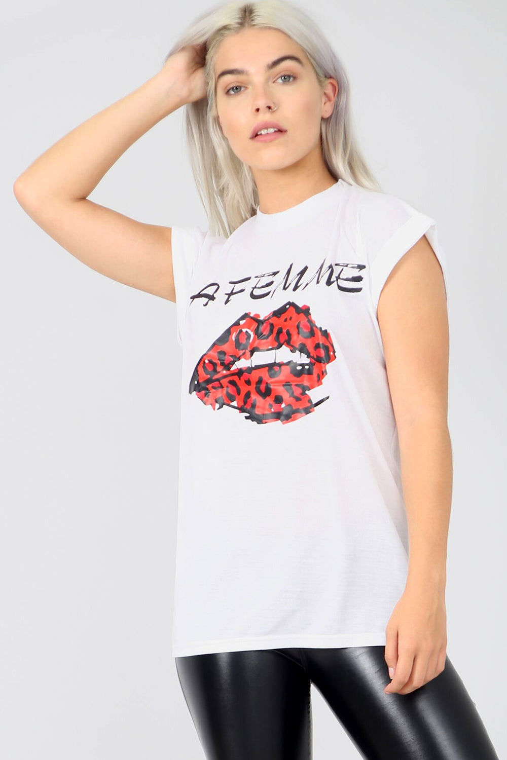 La Femme Graphic Print Roll Sleeve Basic Tshirt - bejealous-com