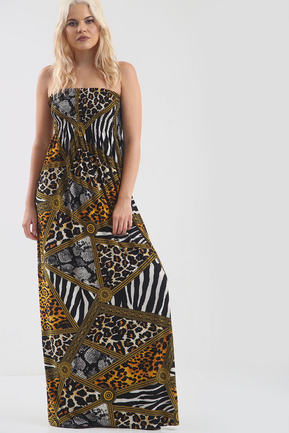 Animal Print Strapless Shirring Maxi Dress - bejealous-com