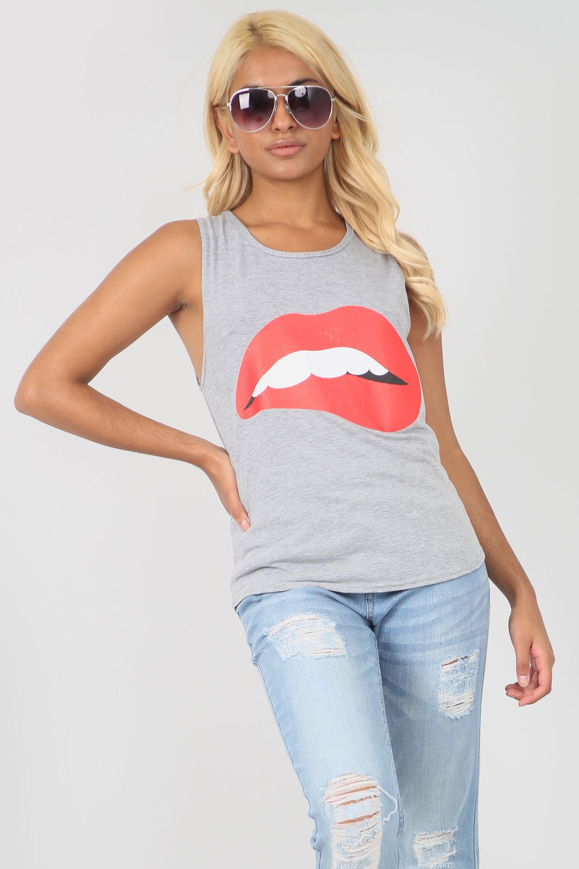 Lips Graphic Print Curved Hem Vest Top - bejealous-com