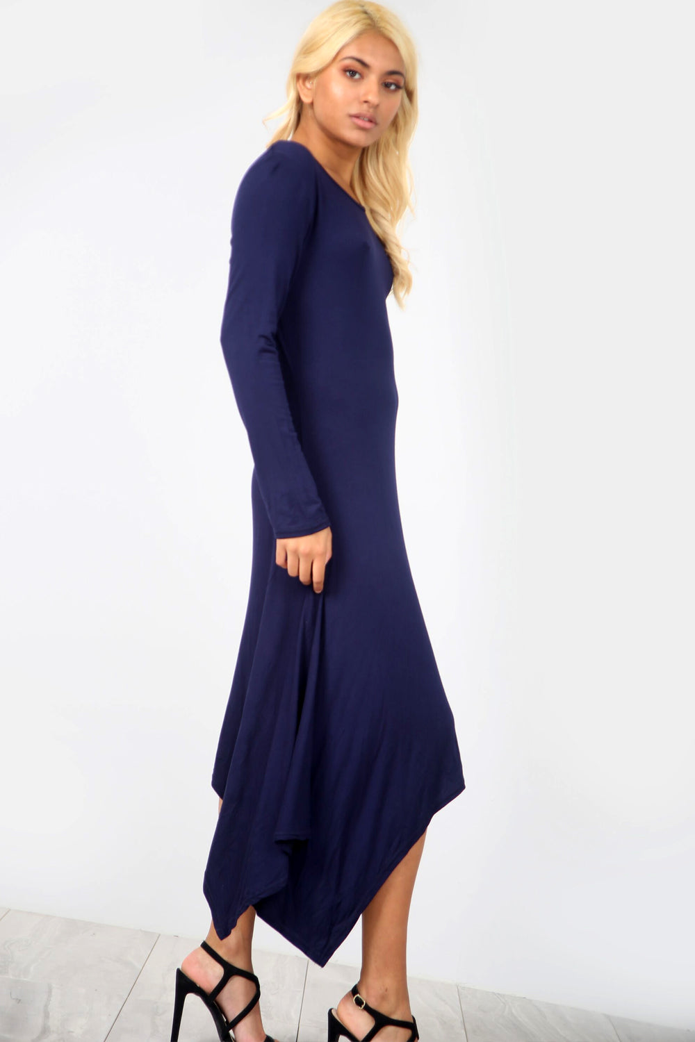 Long Sleeve Hanky Hem Navy Midi Dress - bejealous-com