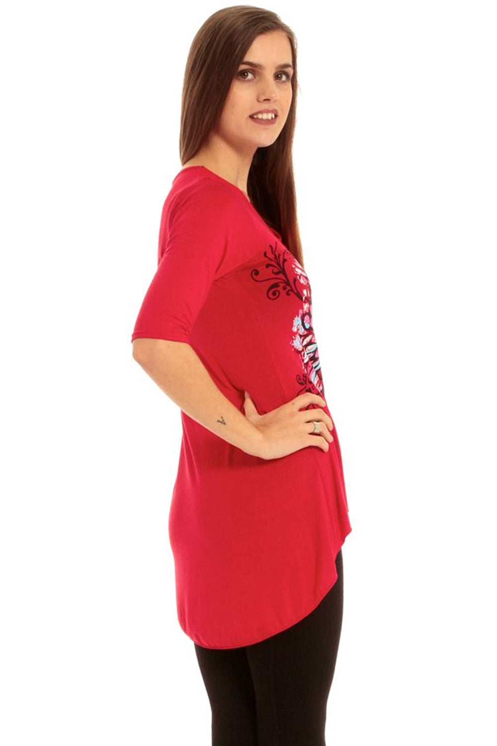 Cropped Sleeve Butterfly Print Curved Hem Top - bejealous-com