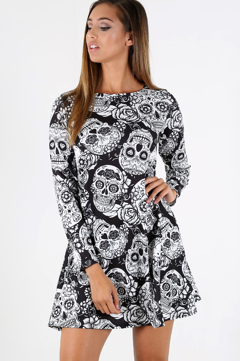 Long Sleeve Skull Print Halloween Dress - bejealous-com