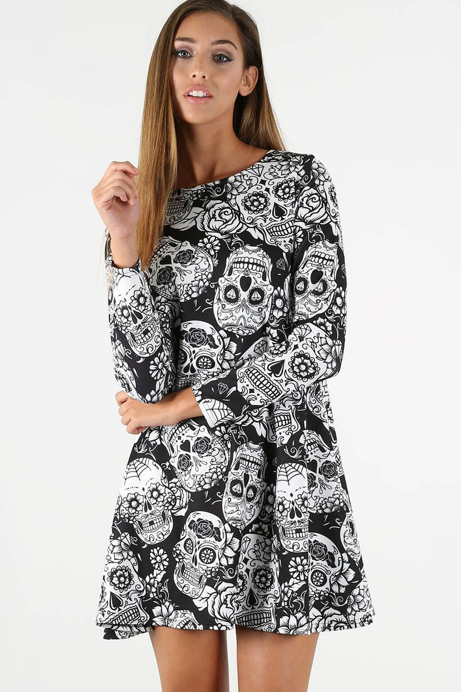 Long Sleeve Skull Print Halloween Dress - bejealous-com