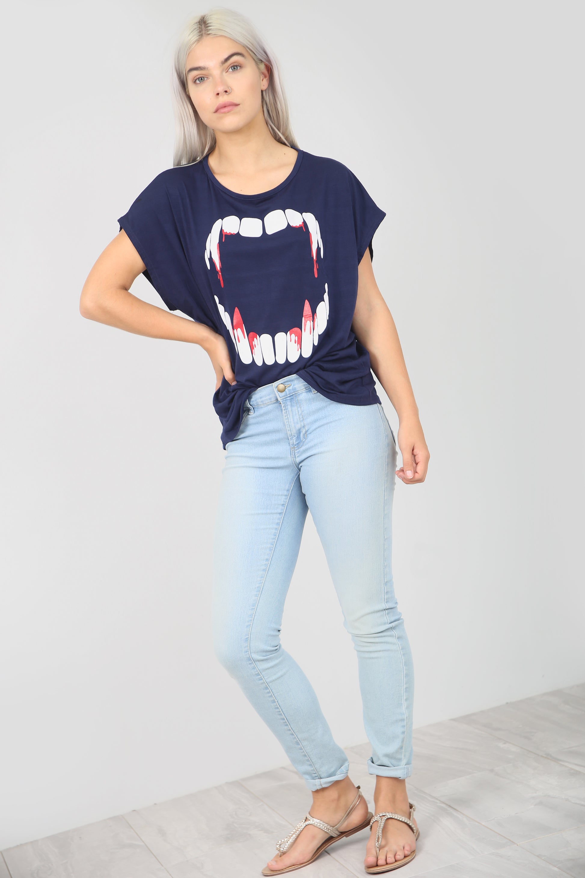 Vampire Fangs Graphic Print Halloween Tshirt - bejealous-com