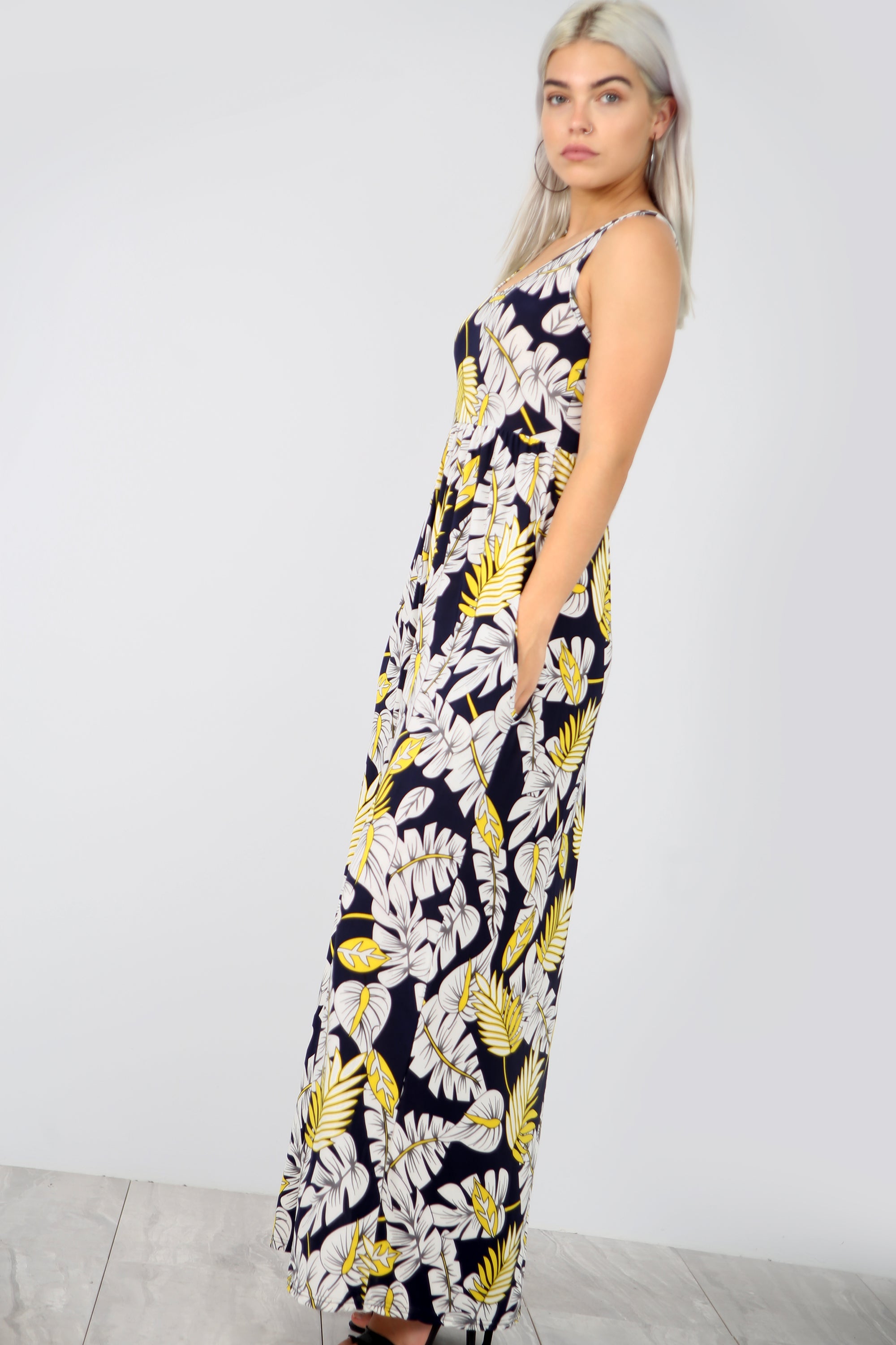 Floral Print Slinky Navy Maxi Dress With Pockets - bejealous-com