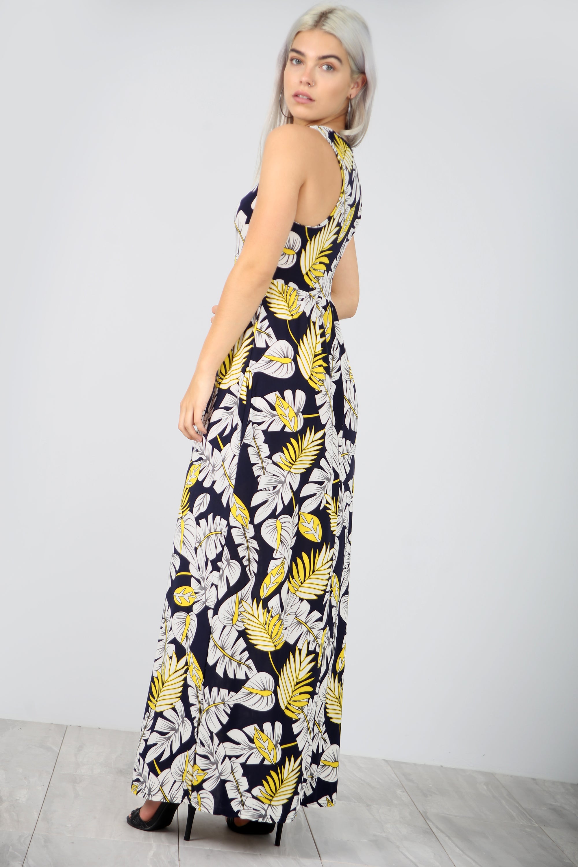 Floral Print Slinky Navy Maxi Dress With Pockets - bejealous-com