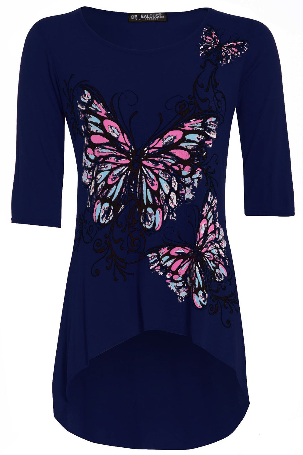 Cropped Sleeve Butterfly Print Curved Hem Top - bejealous-com