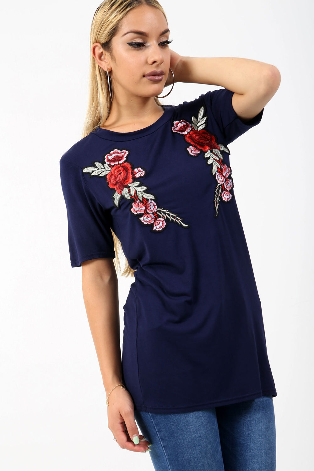 Navy Floral Rose Applique Baggy Tshirt - bejealous-com