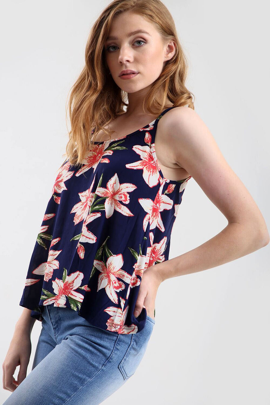 Strappy Tropical Print Cami Swing Top - bejealous-com