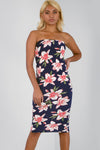 Navy Bandeau Floral Print Midi Bodycon Dress - bejealous-com