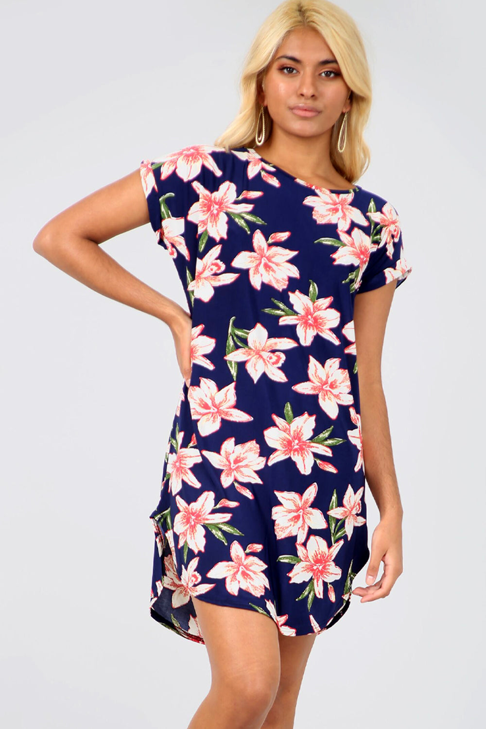 Floral Navy Curved Hem Baggy Tshirt Dress - bejealous-com