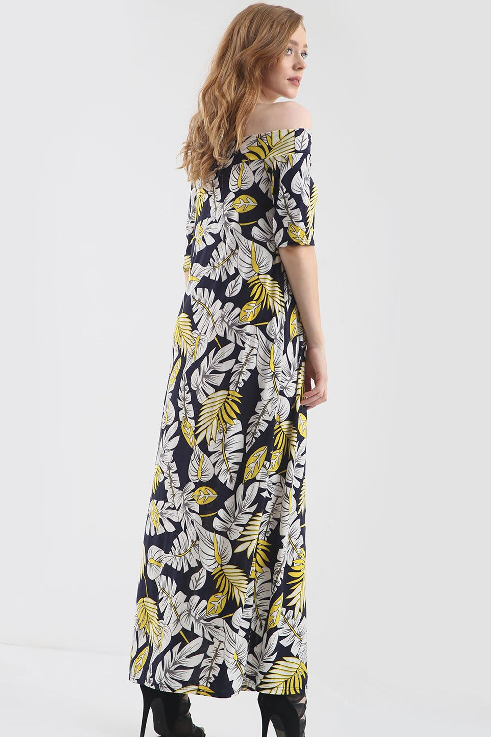 Off Shoulder Yellow Leaf Print Maxi Dress - bejealous-com