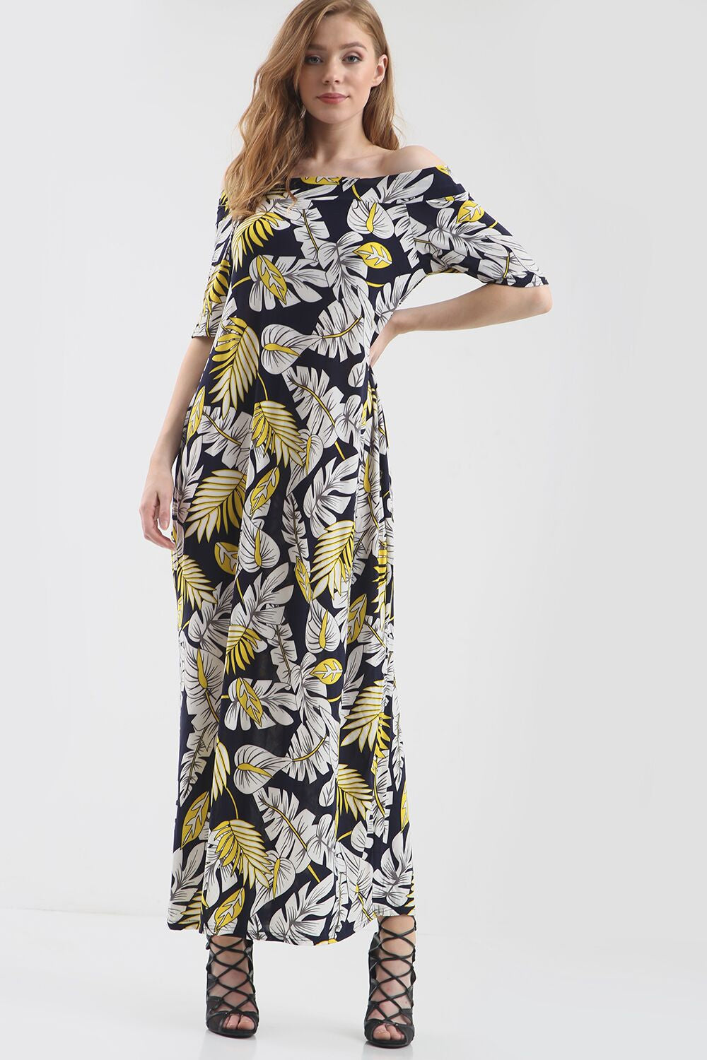 Off Shoulder Yellow Leaf Print Maxi Dress - bejealous-com