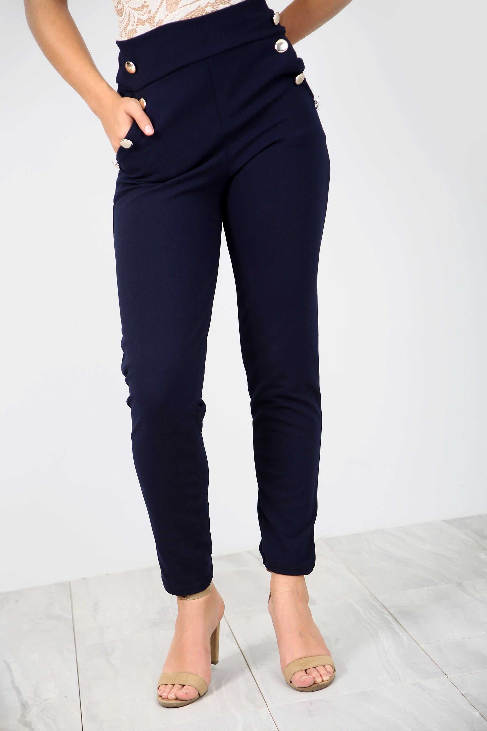 High Waisted Gold Button Navy Cigarette Trousers - bejealous-com