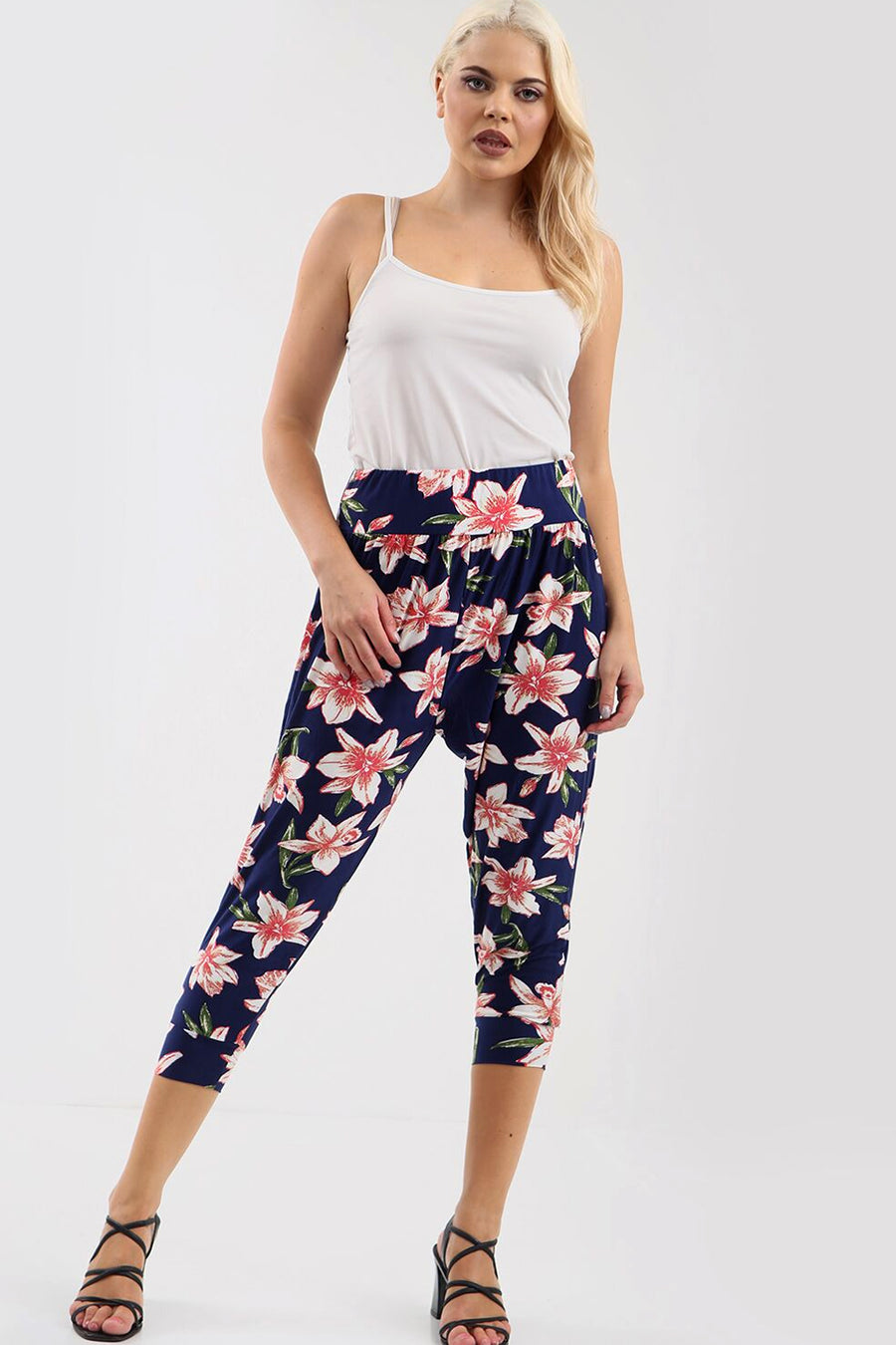 Navy High Waisted Floral Print Cuffed Leg Pants - bejealous-com