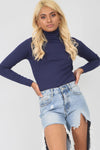 Long Sleeve Navy Polo Neck Knitted Top - bejealous-com
