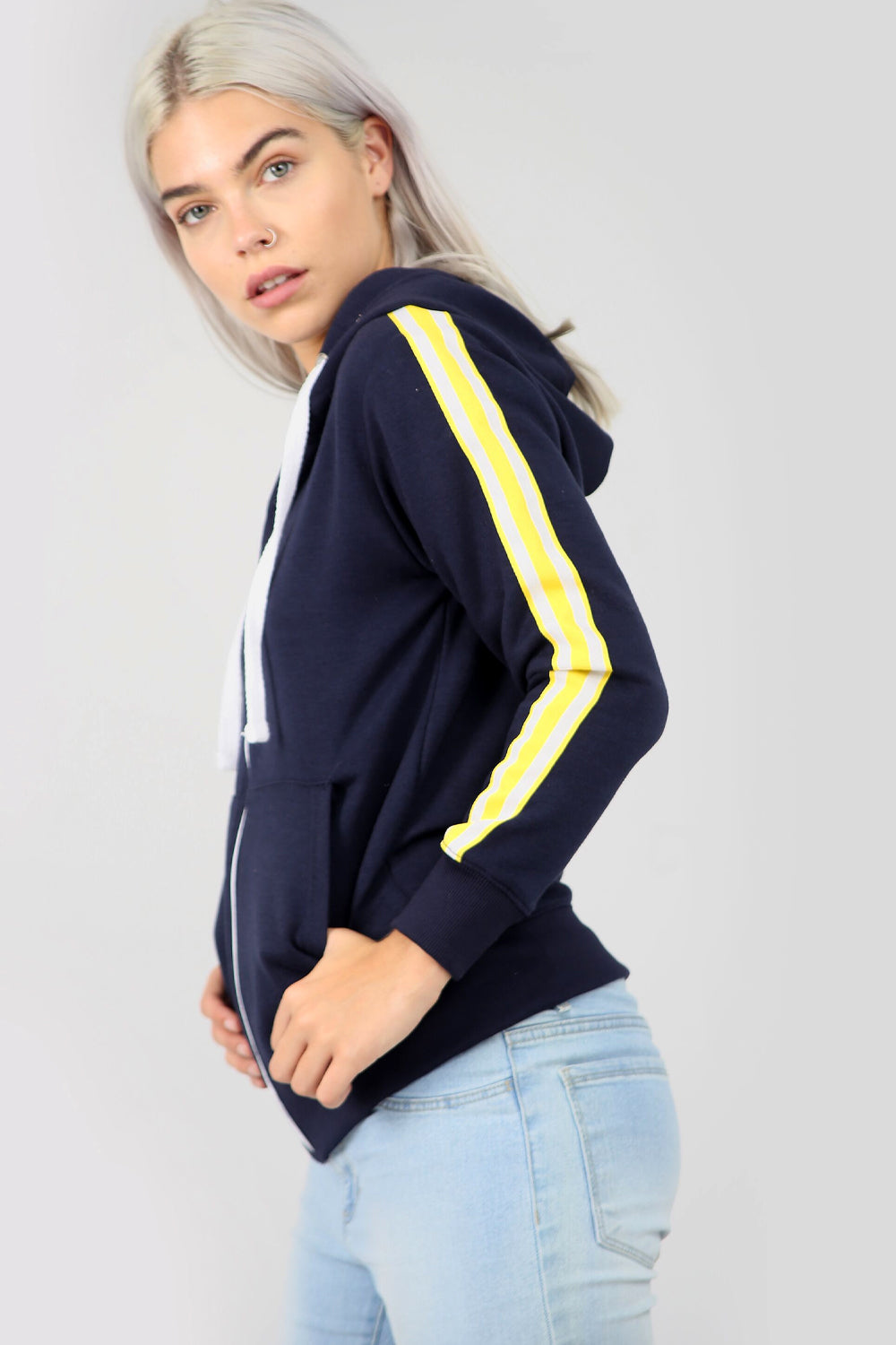 Grey Striped Sleeve Oversized Hooded Sweatshirt - bejealous-com