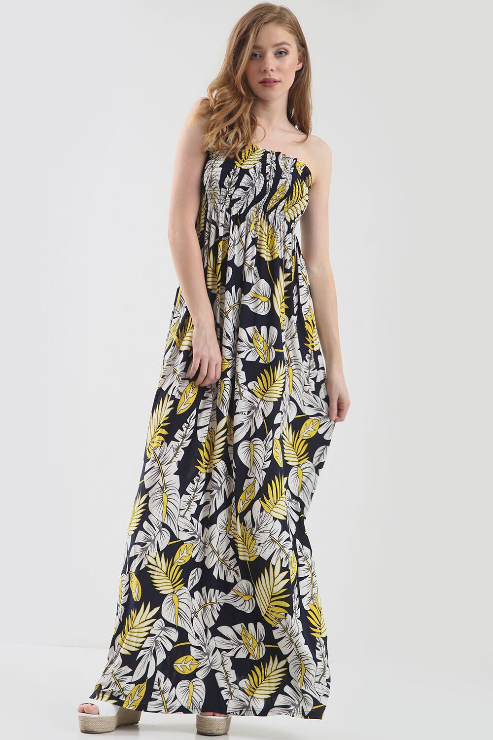 Navy Strapless Maxi Dress in Yellow Tropical Print - bejealous-com
