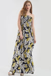 Navy Strapless Maxi Dress in Yellow Tropical Print - bejealous-com