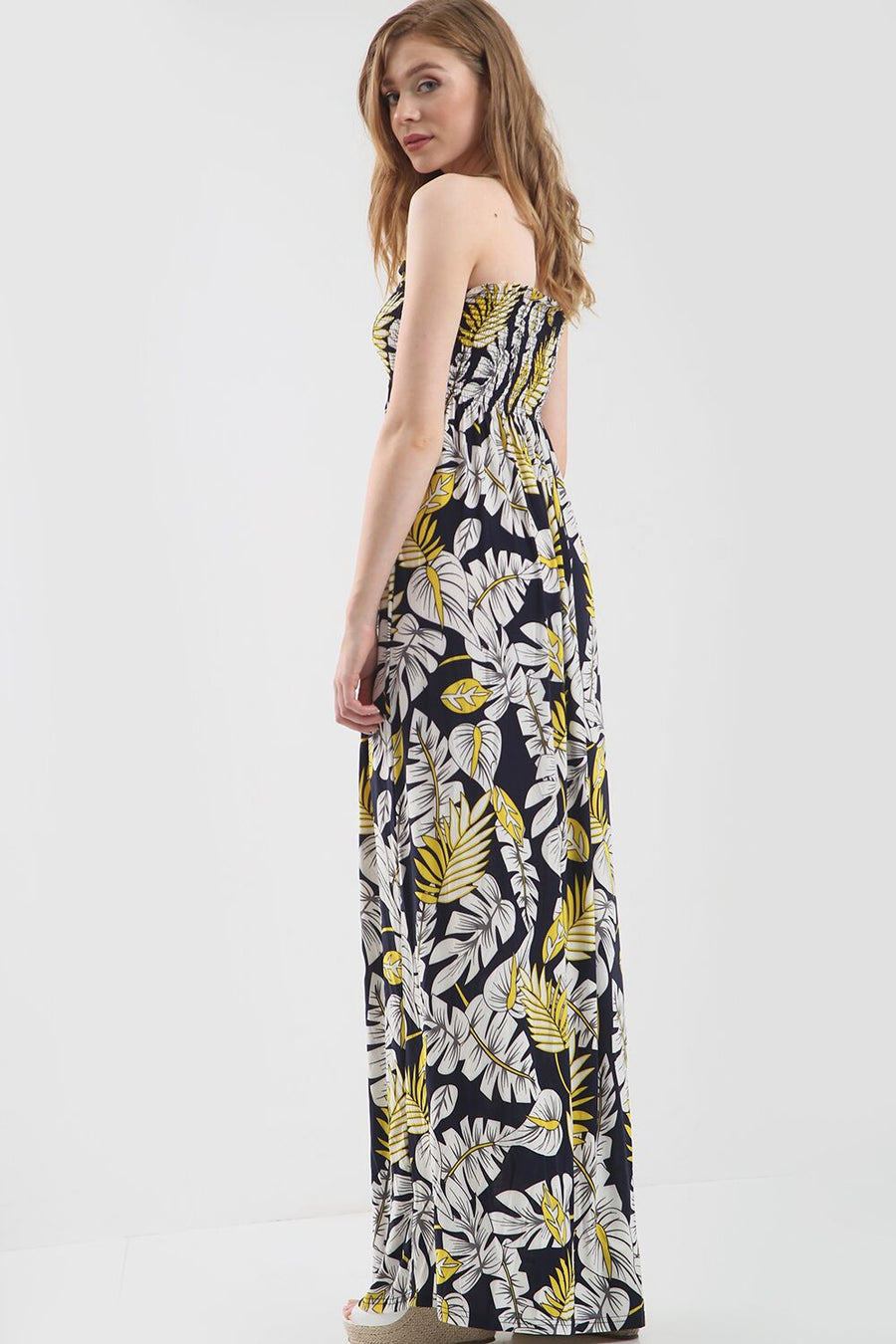 Navy Strapless Maxi Dress in Yellow Tropical Print - bejealous-com