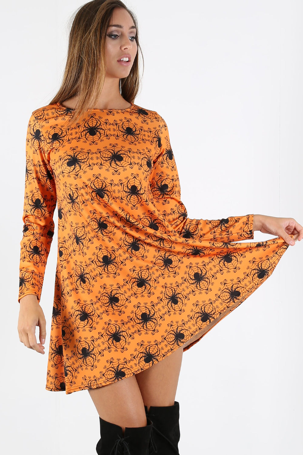 Long Sleeve Orange Halloween Mini Dress - bejealous-com