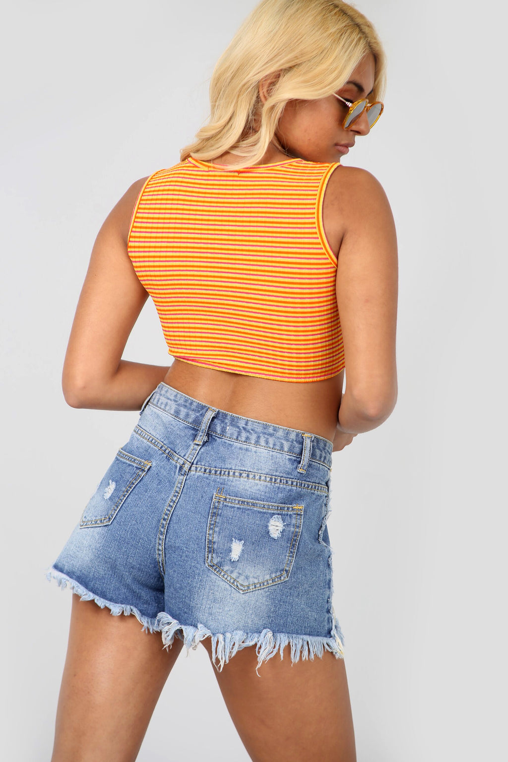 Sleeveless Neon Orange Striped Scoop Neck Crop Top - bejealous-com