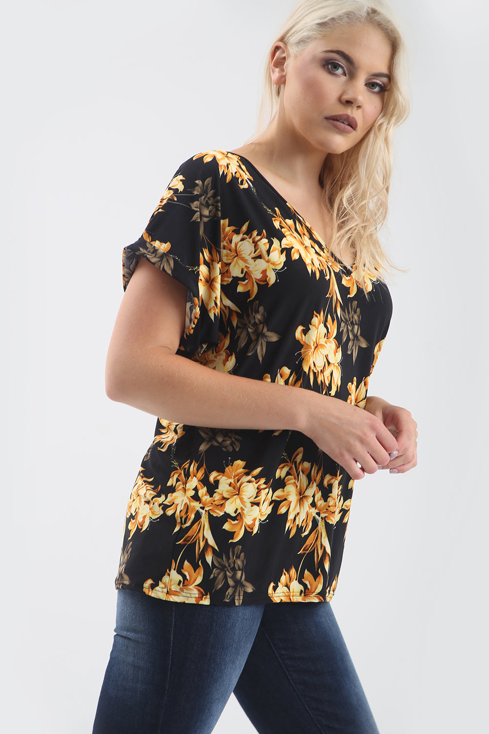 Black Floral Print Oversized Slinky Vneck Tshirt - bejealous-com