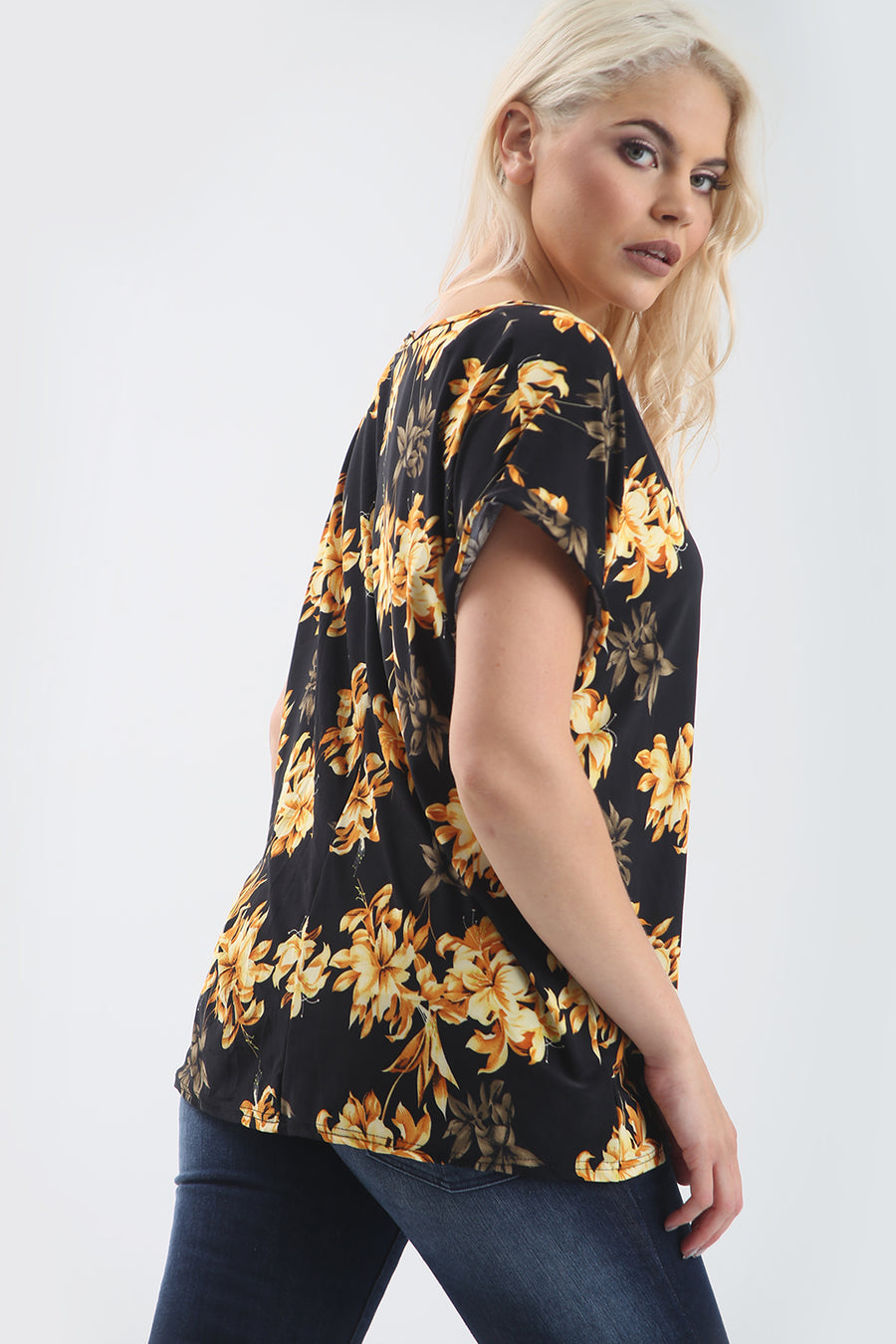 Black Floral Print Oversized Slinky Vneck Tshirt - bejealous-com