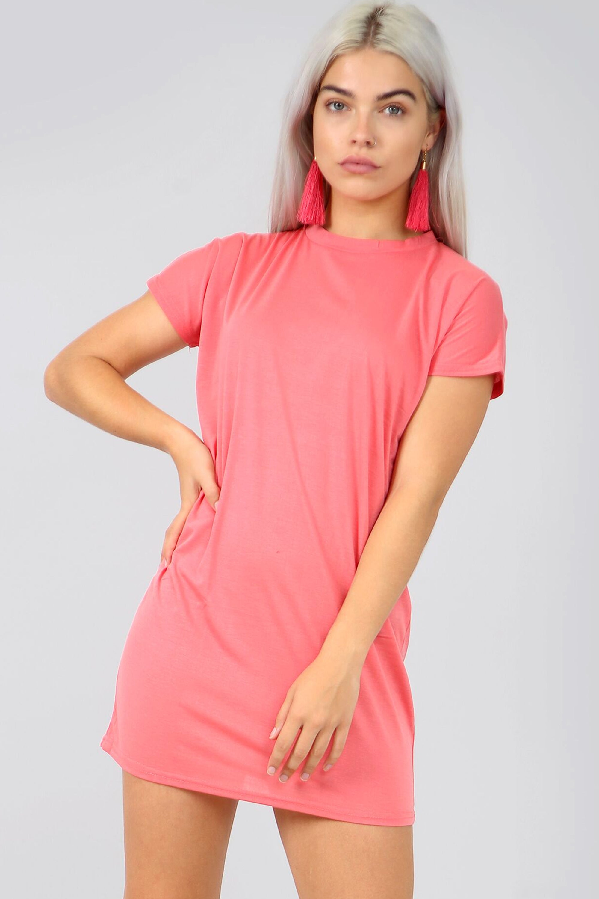 Basic Short Sleeve Tshirt Dress in Coral Pink - bejealous-com