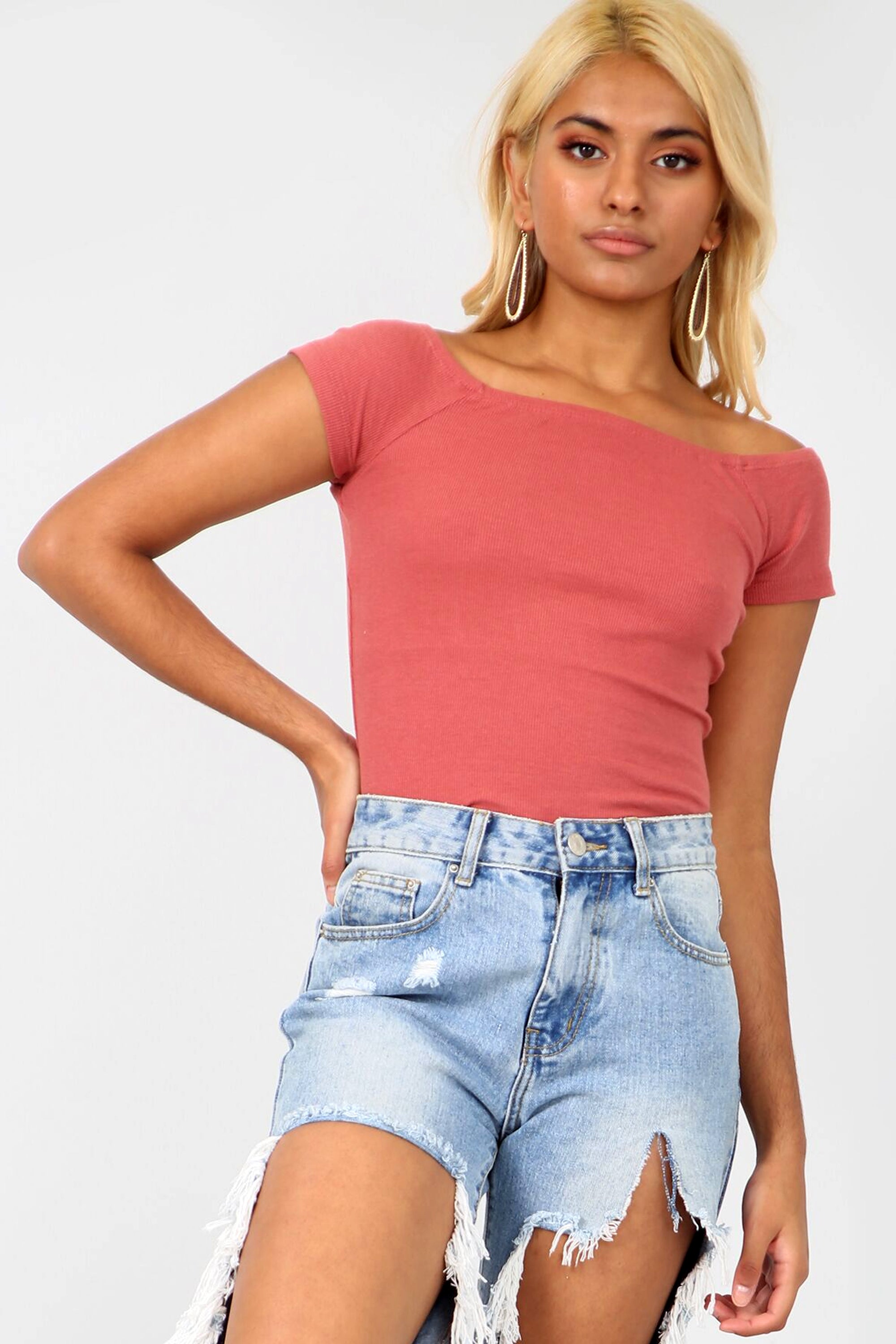 Off The Shoulder Rose Pink Ribbed Knit Top - bejealous-com