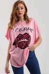 La Femme Graphic Print Oversize Pink Tshirt - bejealous-com