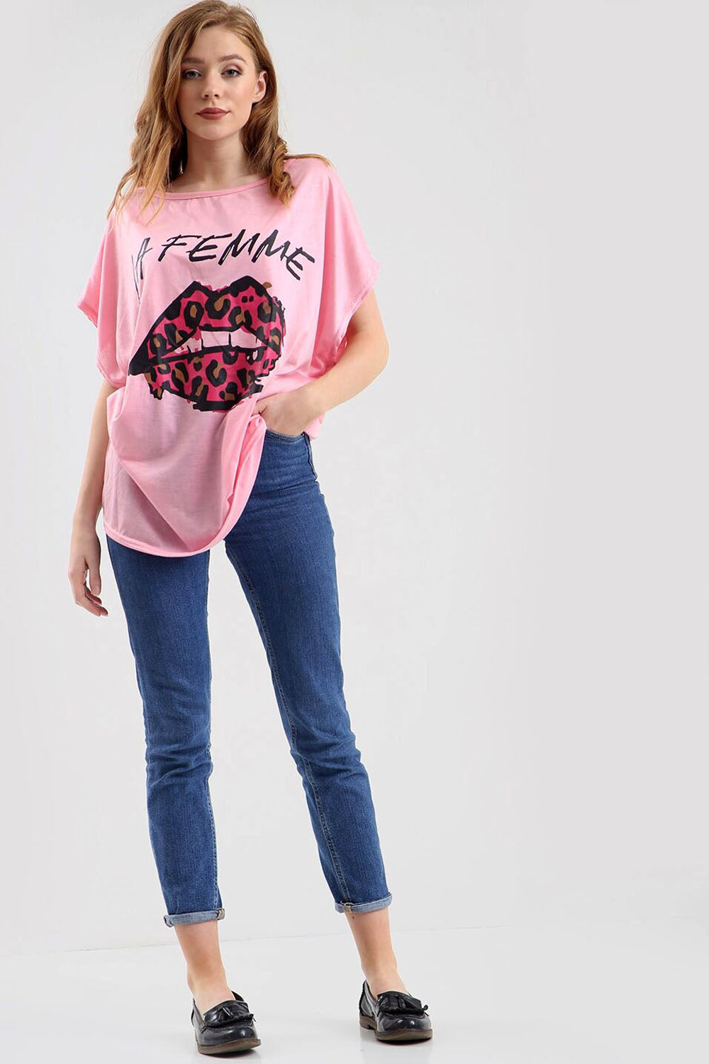 La Femme Graphic Print Oversize Pink Tshirt - bejealous-com