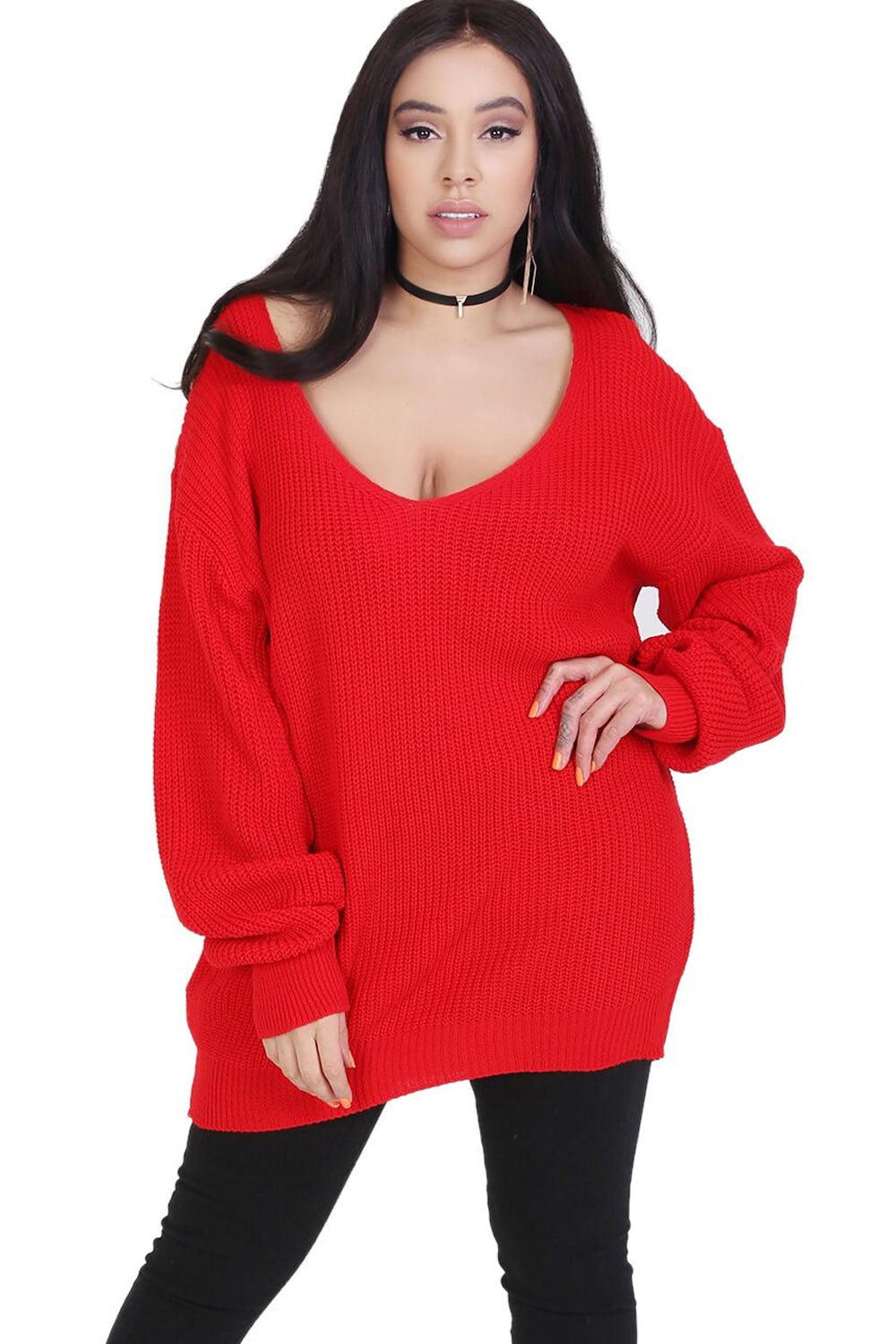 V Neck Chunky Knit Red Oversize Jumper - bejealous-com