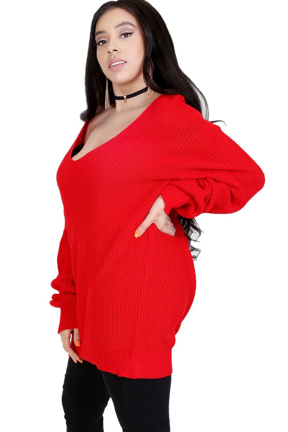 V Neck Chunky Knit Red Oversize Jumper - bejealous-com