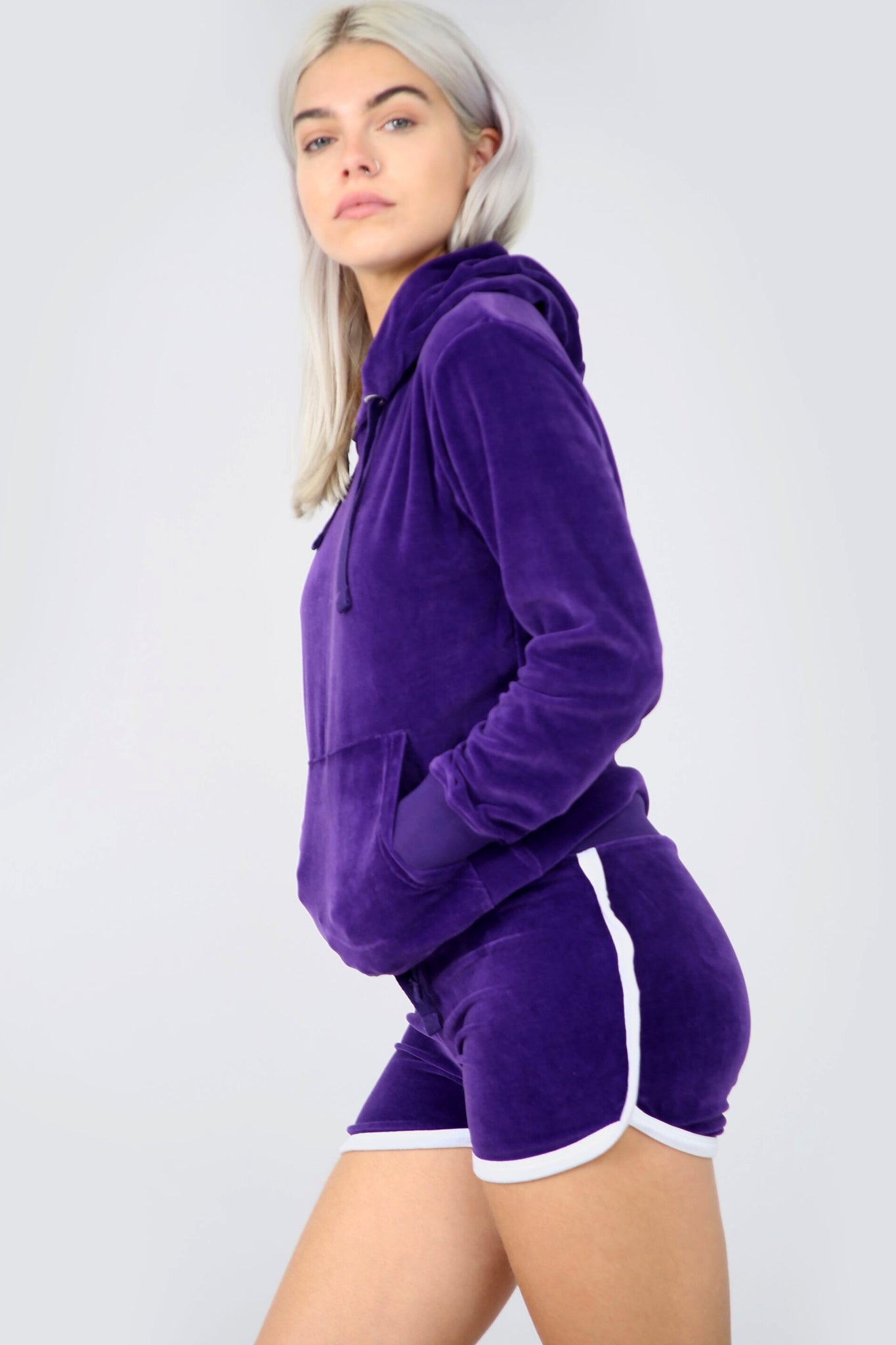 Purple Faux Velvet Oversize Hooded Coord Set - bejealous-com
