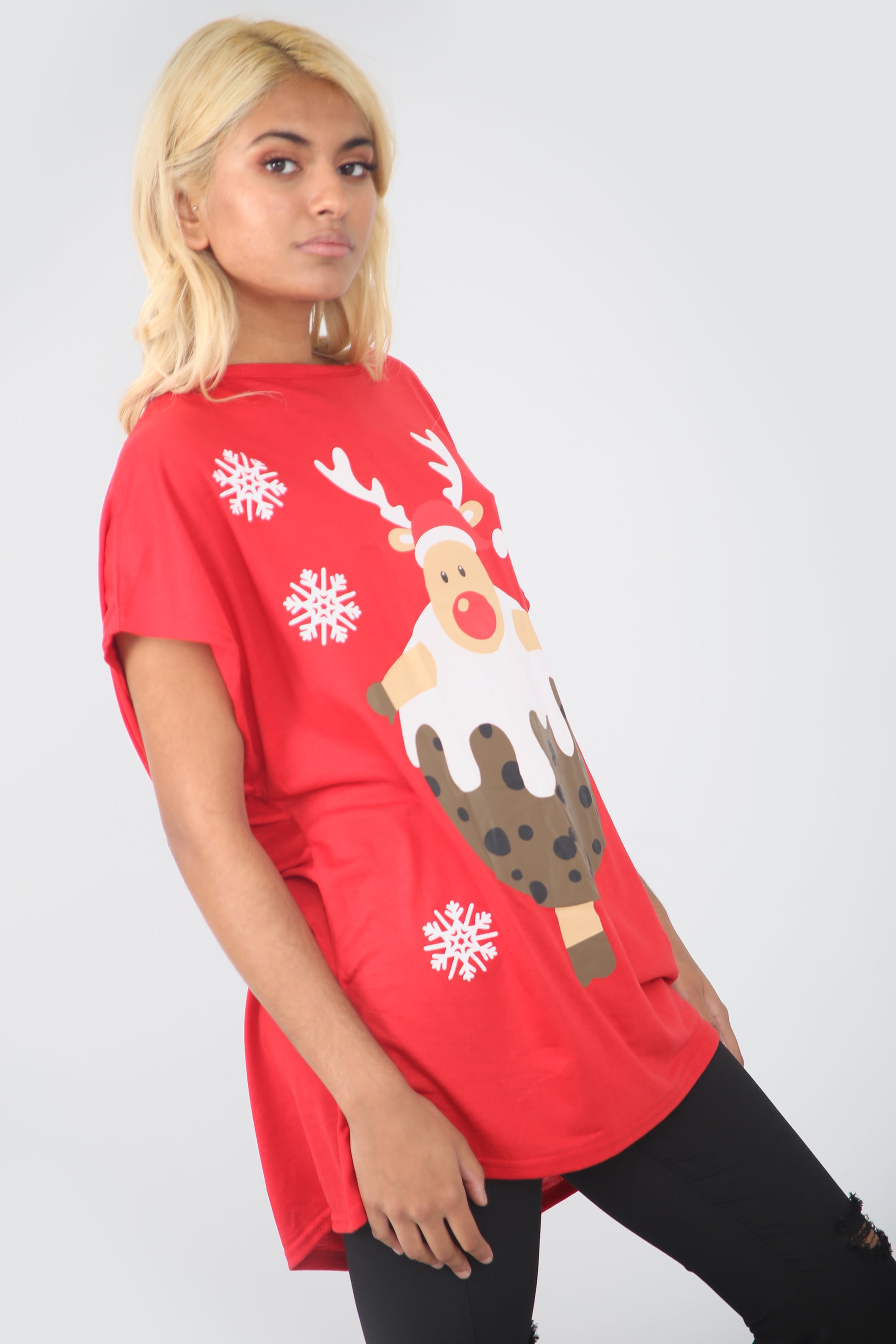 Christmas Pudding Print Red Oversize Tshirt - bejealous-com