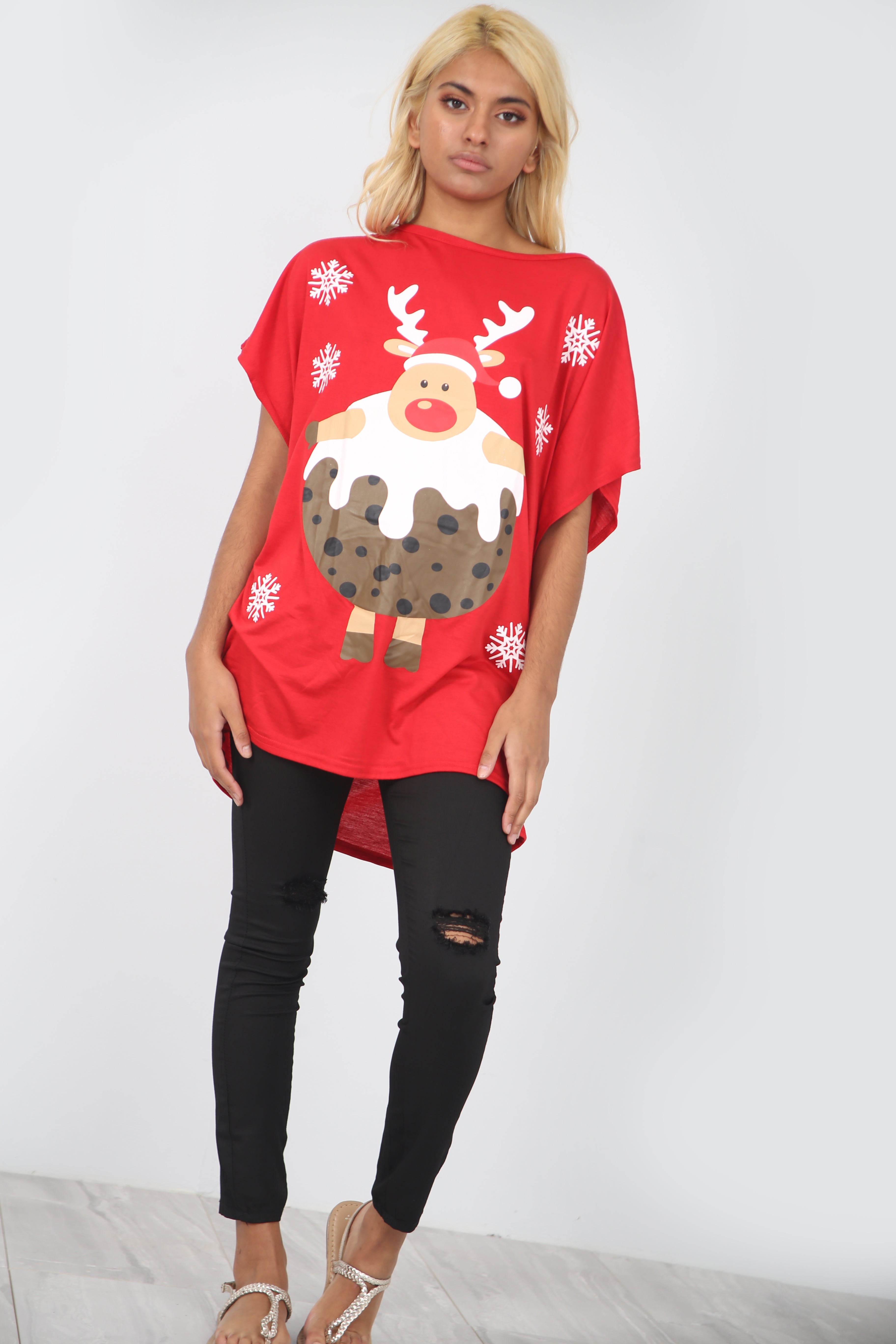 Christmas Pudding Print Red Oversize Tshirt - bejealous-com