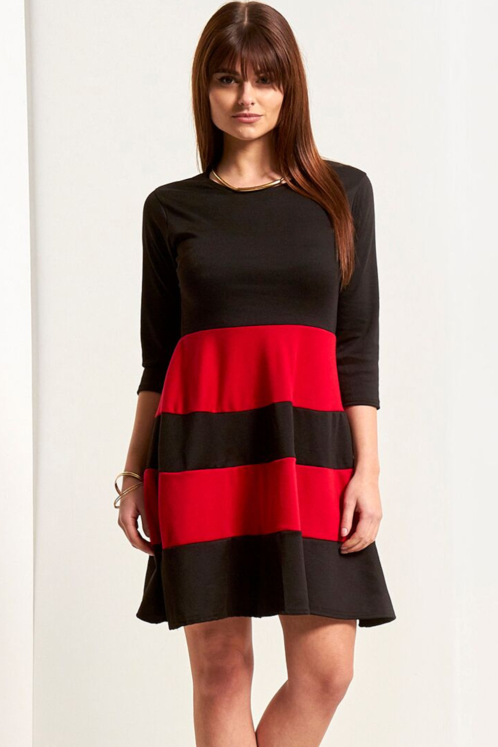 Cropped Sleeve Colour Block Mini Skater Dress - bejealous-com