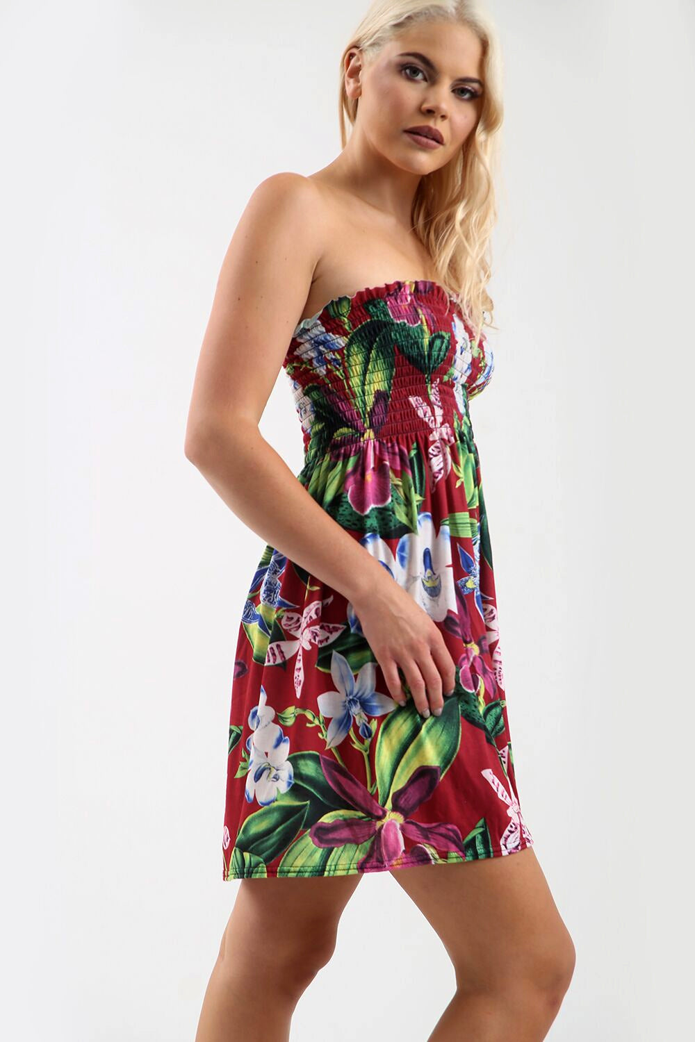 Red Tropical Print Shirring Bandeau Mini Dress - bejealous-com