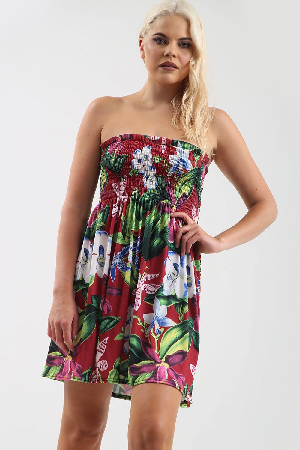 Red Tropical Print Shirring Bandeau Mini Dress - bejealous-com