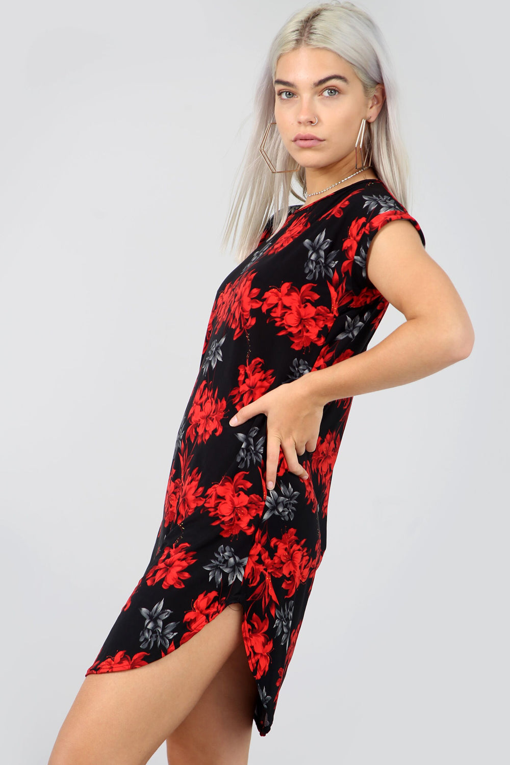 Red Floral Print Curved Hem Baggy Tshirt Dress - bejealous-com